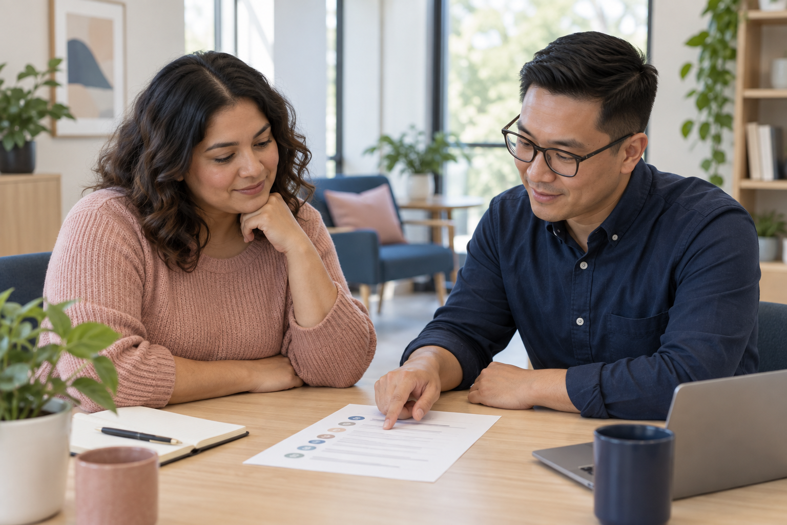 Two adults reviewing a provider comparison checklist together at a table