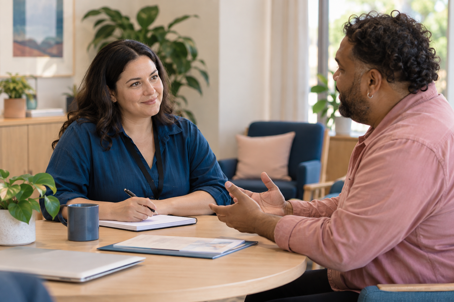 Two adults having a calm, respectful conversation about feedback at a table with a notepad
