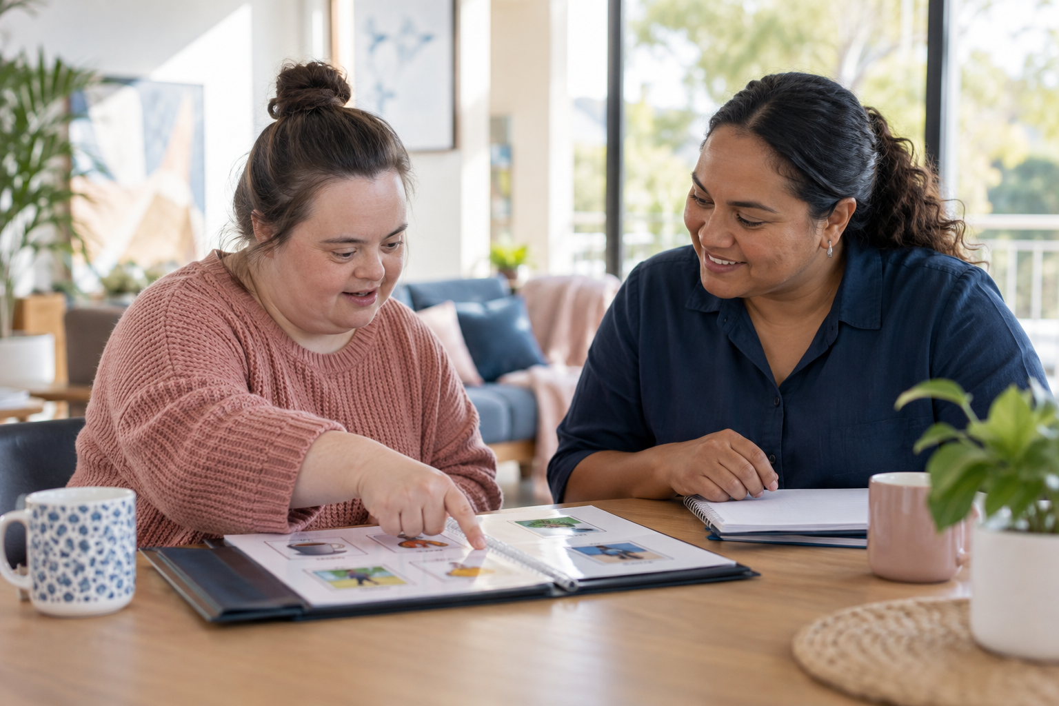 An adult participant and support worker having a collaborative planning conversation using a visual schedule