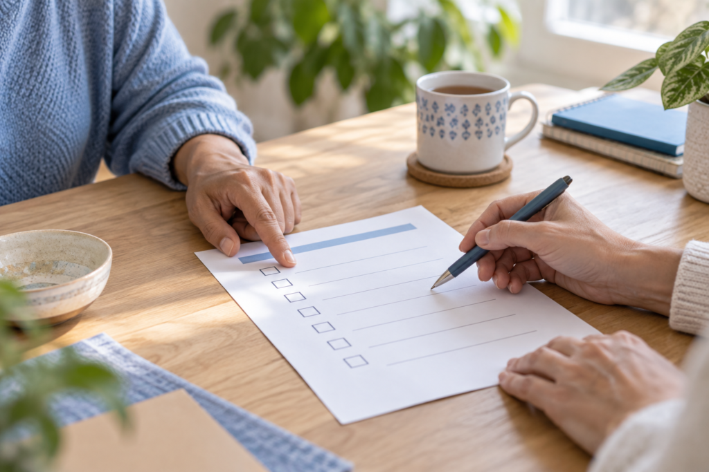 Hands reviewing a referral checklist on a table, showing information that can help prepare a referral.